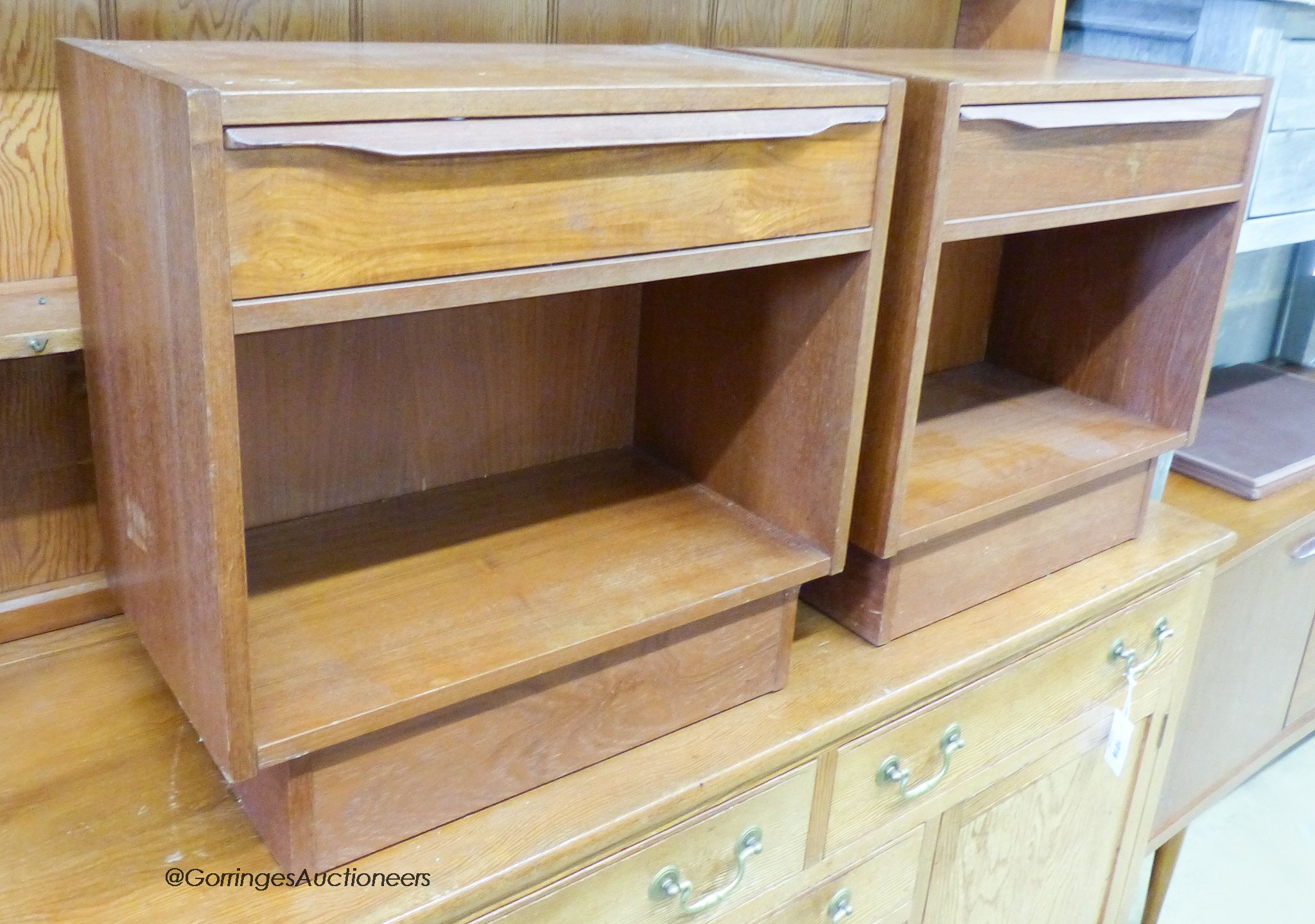 A pair of mid century design teak bedside cabinets, width 54cm, depth 30cm, height 53cm